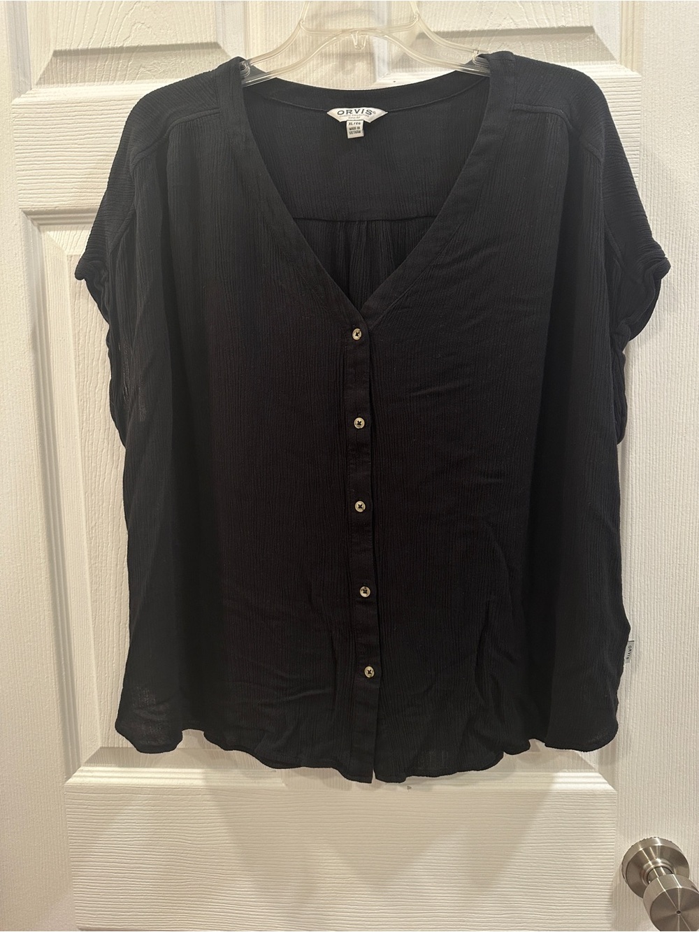 Orvis Women's Short Sleeve Button Front crinkle dolman sleeve blouse size XL